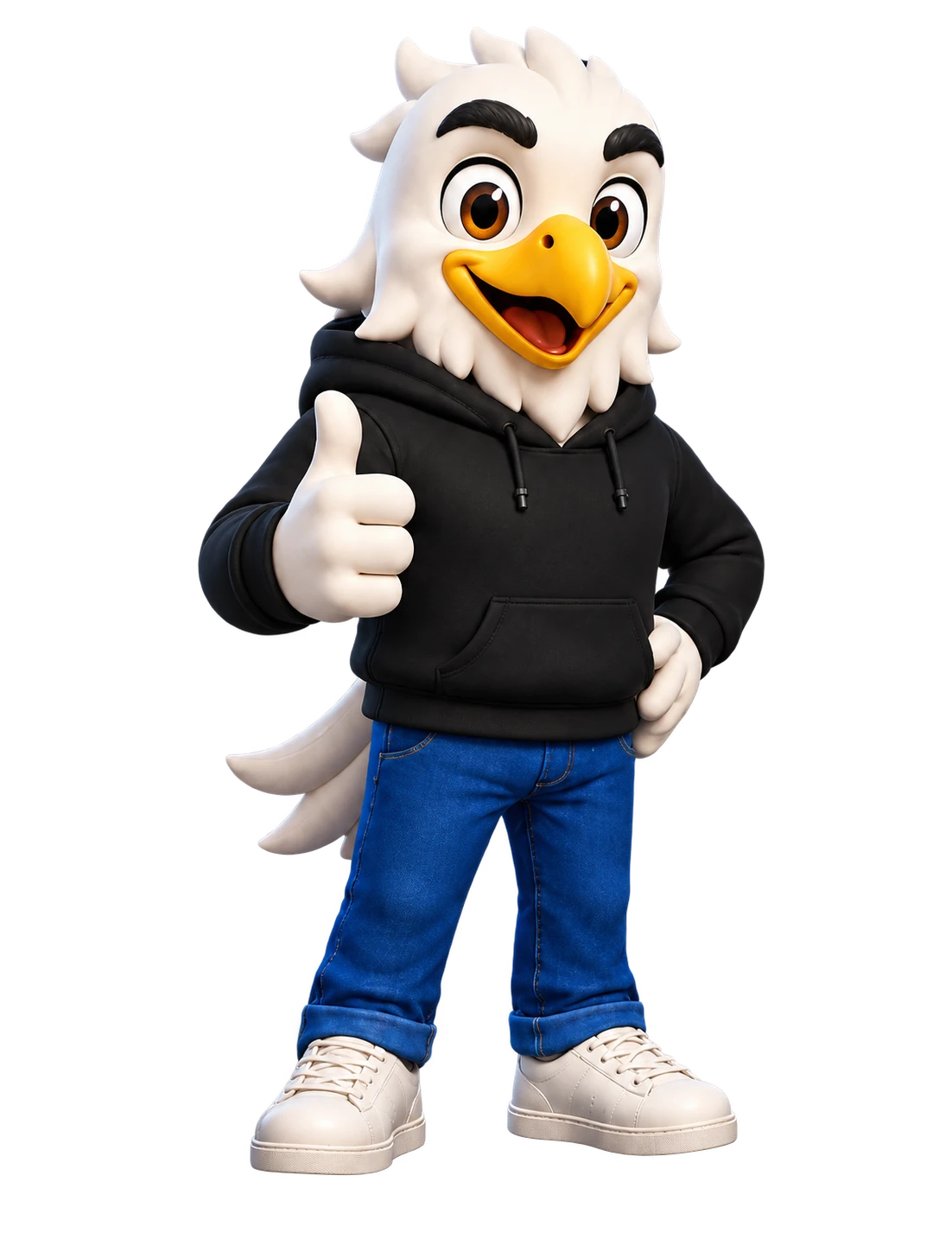 Agui, a white eagle in a black hoodie, blue jeans and cream sneakers