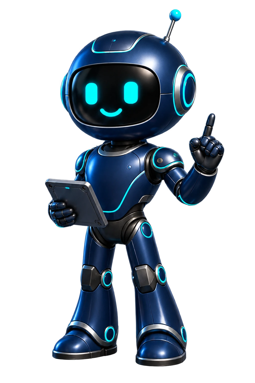 Byte, a glossy navy robot with cyan trim holding a tablet