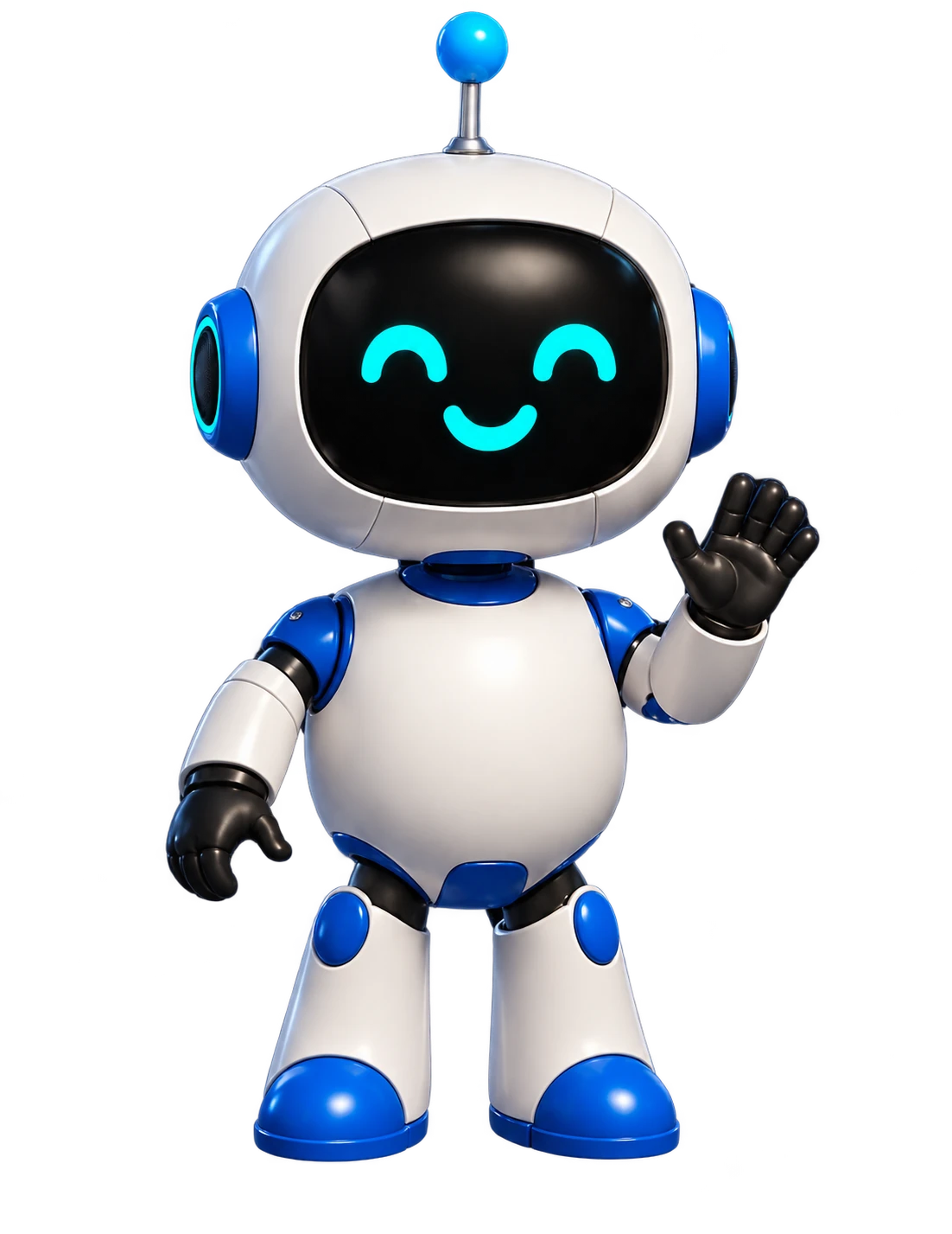 Bit, a small glossy white and blue robot