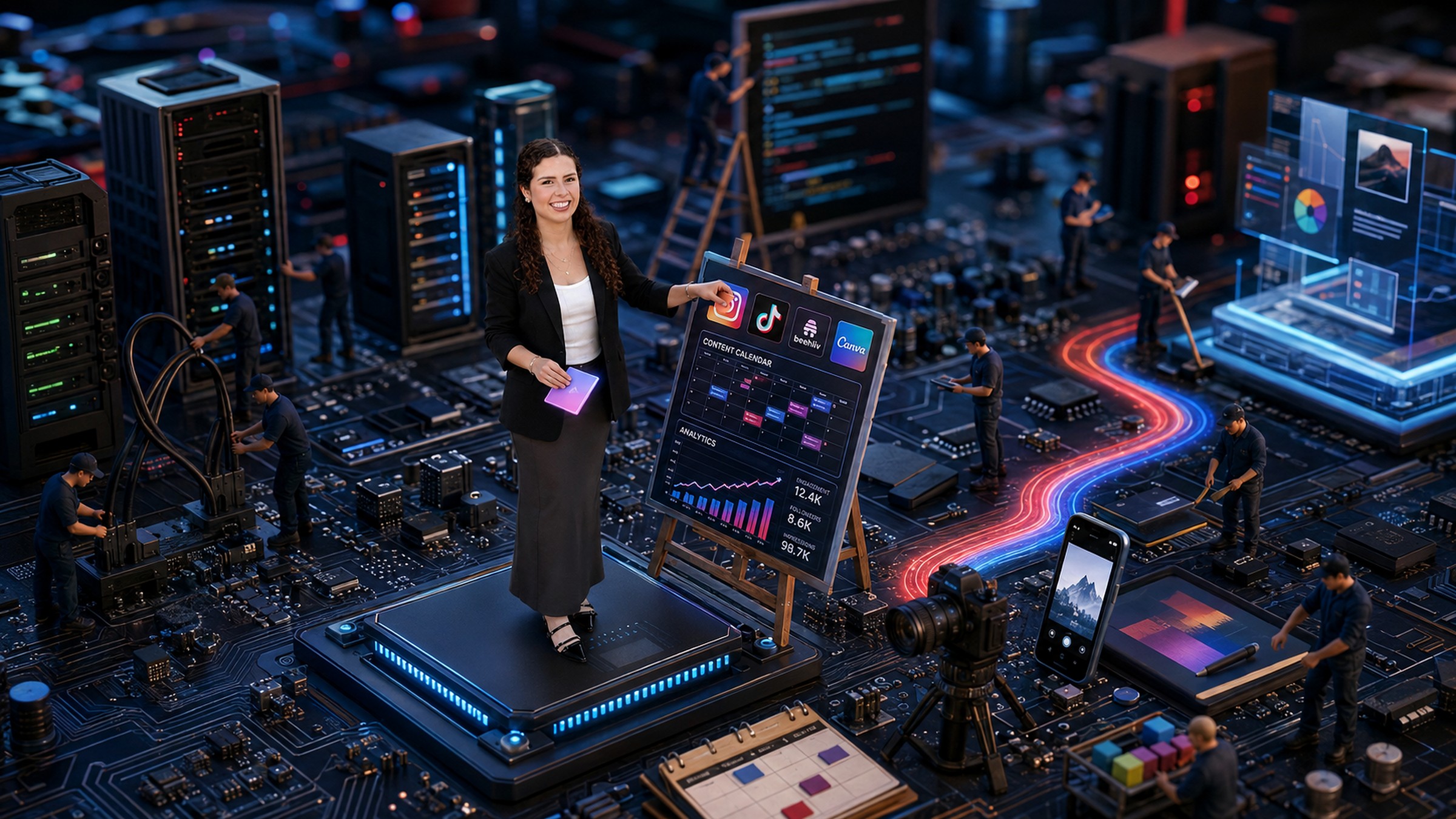 Anabella presenting a board of Aguilabs content designs on a circuit-board studio floor